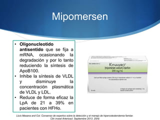 Mipomersen
• Oligonucleotido
antisentido que se fija a
mRNA, ocasionando la
degradación y por lo tanto
reduciendo la síntesis de
ApoB100.
• Inhibe la síntesis de VLDL
y disminuye la
concentración plasmática
de VLDL y LDL.
• Reduce de forma eficaz la
LpA de 21 a 39% en
pacientes con HFHo.
Lluìs Masana and Col. Consenso de expertos sobre la detección y el manejo de hipercolesterolemia famiiar.
Clin invest Arterioscl. Septiembre 2013. 25/4)
 