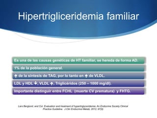 Hipertrigliceridemia familiar
Lars Berglund, and Col. Evaluation and treatment of hypertriglyceridemia: An Endocrine Society Clinical
Practice Guideline. J Clin Endocrinol Metab, 2012, 97(9)
 