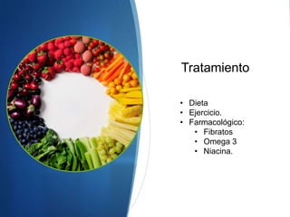 Tratamiento
• Dieta
• Ejercicio.
• Farmacológico:
• Fibratos
• Omega 3
• Niacina.
 
