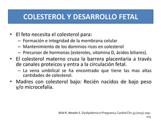 COLESTEROL Y DESARROLLO FETAL
• El feto necesita el colesterol para:
– Formación e integridad de la membrana celular
– Mantenimiento de los dominios ricos en colesterol
– Precursor de hormonas (esteroles, vitamina D, ácidos biliares).
• El colesterol materno cruza la barrera placentaria a través
de canales proteicos y entra a la circulación fetal.
– La vena umbilical se ha encontrado que tiene las mas altas
cantidades de colesterol.
• Madres con colesterol bajo: Recién nacidos de bajo peso
y/o microcefalia.
Wild R, Weedin E. Dyslipidemia in Pregnancy. Cardiol Clin 33 (2015) 209–
215
 