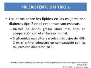 PREEXISTENTE DM TIPO 2
• Los datos sobre los lípidos en las mujeres con
diabetes tipo 2 en el embarazo son escasos.
– Niveles de ácidos grasos libres más altas en
comparación con el embarazo normal.
– Triglicéridos mas altos y niveles más bajos de HDL-
C en el primer trimestre en comparación con las
mujeres con diabetes tipo 1.
Barrett H, Dekker M, McIntyre D, Callaway L. Normalizing Metabolism in Diabetic Pregnancy: Is ItTime to
Target Lipids?.
Diabetes Care 2014;37:1484–1493
 