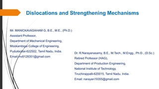 Dislocations and Strengthening Mechanisms
Mr. MANICKAVASAHAM G, B.E., M.E., (Ph.D.)
Assistant Professor,
Department of Mechanical Engineering,
Mookambigai College of Engineering,
Pudukkottai-622502, Tamil Nadu, India.
Email:mv8128351@gmail.com
Dr. R.Narayanasamy, B.E., M.Tech., M.Engg., Ph.D., (D.Sc.)
Retired Professor (HAG),
Department of Production Engineering,
National Institute of Technology,
Tiruchirappalli-620015, Tamil Nadu, India.
Email: narayan19355@gmail.com
 