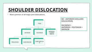 SHOULDER DISLOCATION
• Most common of all major joint dislocations.
TYPES
ANTERIOR
PREGLENOID SUBCORACOID
SUBCLAVICULA
R
POSTERIOR
INFERIOR /
LUXATIO
ERECTA
MC : ANTERIOR SHOULDER
DISLOCATION
INCIDENCE :
ANTERIOR > POSTERIOR >
INFERIOR
 
