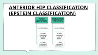 ANTERIOR HIP CLASSIFICATION
(EPSTEIN CLASSIFICATION)
PUBIC
(SUPERIOR)
A: no fracture
B: With
fracture of
head of
femur
C: With
fracture of
acetabulum
OBTURATOR
(INFERIOR)
A: no fracture
B: With
fracture of
head of
femur
C: With
fracture of
acetabulum
 