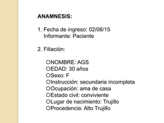 ANAMNESIS:
1. Fecha de ingreso: 02/06/15
Informante: Paciente
2. Filiación:
NOMBRE: AGS
EDAD: 30 años
Sexo: F
Instrucción: secundaria incompleta
Ocupación: ama de casa
Estado civil: conviviente
Lugar de nacimiento: Trujillo
Procedencia: Alto Trujillo