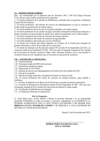 VI .- MEDIOS PROBATORIOS:
Que , de conformidad con lo dispuesto por los Artículos 188º y 189º del Código Procesal
Civil, ofrezco como medios probatorios los siguientes
1.- El merito probatorio de la partida de Matrimonio contraída entre mi persona y Katherine
Fuyuki Dávila Cárdenas
2.- El merito probatorio del informe de servicio de radiodiagnóstico en que se concluye el
actual estado de gestación de mi señora esposa
3.- El merito probatorio de la foto de la ecografía realizada a mi señora esposa
4.- El merito probatorio de los recibos de pago realizados al hospital de Huaral por chequeos y
demás conceptos con que acredito los gastos que supone el tratamiento de mi señora esposa.
5.- El merito probatorio del recibo de consumo de energía eléctrica
6.- El merito probatorio del recibo de consumo de agua potable.
7.- El merito probatorio del recibo por servicio telefónico.
8.- El merito del Voucher del último depósito en el Banco de la Nación por concepto de
pensión alimenticia a favor de la madre de mi menor hija
7.- El merito de Sentencia de Resolución número 09 su fecha 05 de Septiembre del 2012, en
el proceso judicial de Expediente Nº 688 - 2012 por ante el Segundo Juzgado de Paz Letrado
de la provincia de Huaral, secretario Edgar Jesús Alcántara Paredes, con lo que pruebo la
existencia física de este expediente que se encuentra en ejecución de sentencia.
VII .- ANEXOS DE LA DEMANDA:
1.A.- Arancel judicial.
1.B.- Fotocopia simple del DNI del recurrente.
1.C.- Declaración Jurada de trabajo
1.D.- Matrimonio Nº 01578428
1.E.- Informe de servicio de radiodiagnóstico de fecha 02 de Noviembre del 2012
1.F.- Foto de la ecografía
1.G.- Recibos de pago realizados al hospital de Huaral en número de 04
1.H.- El merito probatorio del recibo de consumo de energía eléctrica, agua potable y
telefónico.
1.I.- Voucher de depósito en el Banco de la Nación por concepto de pensión alimenticia
1.J.- El merito de Sentencia de Resolución número 09 del Expediente Nº 688 - 2012 por ante
el Segundo Juzgado de Paz Letrado de la provincia de Huaral en copia simple.
1.K.- Certificado de Habilitación de Abogado.
1.L.- 2 Cédulas por Derecho de notificación.
Por Lo Expuesto:
A usted Señor Juez, sírvase admitir a trámite la presente demanda y en su oportunidad
declararla FUNDADA en todos sus puntos y extremos, ordenándose se me REDUZCA LA
PENSIÓN ALIMENTICIA CON LA QUE VENGO ACUDIENDO A MI MENOR HIJA
BRIHANA LUANA MAURICIO CASTRO Y SE REDUZCA A UNA CANTIDAD NO
MAYOR A S/ 150.00 NUEVOS SOLES.
Huaral, 14 de Noviembre del 2012.
…………………………………………………
ROBER PERSI MAURICIO LAIZA
DNI N° 43475453
 