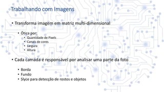 Trabalhando com Imagens
• Transforma imagem em matriz multi-dimensional
• Ótica por:
• Quantidade de Pixels
• Canais de cores
• Largura
• Altura
• Cada camada é responsável por analisar uma parte da foto
• Borda
• Fundo
• Slyce para detecção de rostos e objetos
 