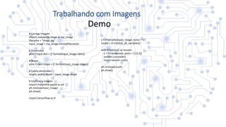 Trabalhando com Imagens
Demo
# Carrega Imagem
import matplotlib.image as mp_image
filename = "image.jpg"
input_image = mp_image.imread(filename)
# Dimensões
print ('input dim = {}'.format(input_image.ndim))
# Shape
print ('input shape = {}'.format(input_image.shape))
# Coleta dimensões
height, width, depth = input_image.shape
# Imprime a imagem
import matplotlib.pyplot as plt
plt.imshow(input_image)
plt.show()
import tensorflow as tf
x = tf.Variable(input_image, name = 'x')
model = tf.initialize_all_variables()
with tf.Session() as session:
x = tf.transpose(x, perm = [1,0,2])
session.run(model)
result=session.run(x)
plt.imshow(result)
plt.show()
 