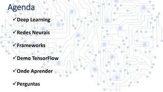 Agenda
Deep Learning
Redes Neurais
Frameworks
Demo TensorFlow
Onde Aprender
Perguntas
 