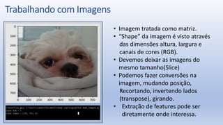 Trabalhando com Imagens
• Imagem tratada como matriz.
• “Shape” da imagem é visto através
das dimensões altura, largura e
canais de cores (RGB).
• Devemos deixar as imagens do
mesmo tamanho(Slice)
• Podemos fazer conversões na
imagem, mudando posição,
Recortando, invertendo lados
(transpose), girando.
• Extração de features pode ser
diretamente onde interessa.
 
