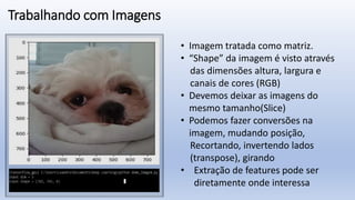 Trabalhando com Imagens
• Imagem tratada como matriz.
• “Shape” da imagem é visto através
das dimensões altura, largura e
canais de cores (RGB)
• Devemos deixar as imagens do
mesmo tamanho(Slice)
• Podemos fazer conversões na
imagem, mudando posição,
Recortando, invertendo lados
(transpose), girando
• Extração de features pode ser
diretamente onde interessa
 