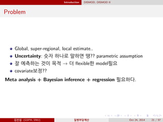 Introduction DISMOD, DISMOD II
Problem
Global, super-regional, local estimate..
Uncertainty: 숫자 하나로 말하면 땡?? parametric assumption
잘 예측하는 것이 목적 → 더 ﬂexible한 model필요
covariate보정??
Meta analysis + Bayesian inference + regression 필요하다.
김진섭 (GSPH, SNU) 질병부담계산 Oct 24, 2014 21 / 57
 