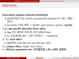 DISMOD mr: Bayesian meta-regression Bayesian meta-regression in Dismod mr
파헤쳐보면..
Generalized negative binomial distribution
Rate때 많이 쓰는 poisson assumption은 parameter가 1개(λ: 평균=
분산)
parameter 2개로 확장 → ﬂexible: quasi-poisson, gamma, neg-bin
π(a): age-speciﬁc piecewise linear spline
Age 구간 몇개로 쪼갠 후 구간 내에서 linear
ex: 0,20,40,80,100 → 4개 구간에서.. + smoothing
Xi , Xi : ﬁxed eﬀect
일반적인 ﬁxed eﬀect & case deﬁnition 차이..
Ui : random eﬀect: Global, Asia, Korea..
ni : eﬀective population size, 이거없으면 pi 의 s.e라도 있어야..
김진섭 (GSPH, SNU) 질병부담계산 Oct 24, 2014 31 / 57
 