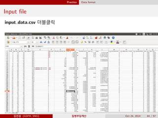 Practice Data format
Input ﬁle
input data.csv 더블클릭
김진섭 (GSPH, SNU) 질병부담계산 Oct 24, 2014 44 / 57
 
