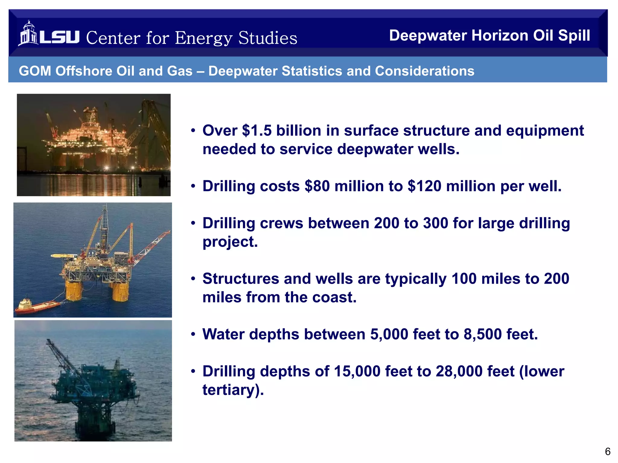 Center for Energy Studies

Deepwater Horizon Oil Spill

GOM Offshore Oil and Gas – Deepwater Statistics and Considerations

• Over $1.5 billion in surface structure and equipment
needed to service deepwater wells.
• Drilling costs $80 million to $120 million per well.
• Drilling crews between 200 to 300 for large drilling
project.
• Structures and wells are typically 100 miles to 200
miles from the coast.
• Water depths between 5,000 feet to 8,500 feet.
• Drilling depths of 15,000 feet to 28,000 feet (lower
tertiary).

6

 