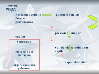 TIPOS DE DISNEA: Posición decúbito   alteración de las fuerzas    gravitatorias. presión pulmonar capilar  vol. de cierre pulmonar  capilar   capacidad vital Sedetación Elevación del diafragma Mejor expansión pulmonar Ortopnea 
