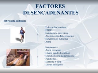 Sobreviene la disnea: Enfermedad cardiaca EPOC Neumopatía intersticial Anemia, obesidad, gestación  Hipertensión pulmonar Asma Neumotórax Asma bronquial Edema agudo de pulmón Embolismo pulmonar masivo Neumonía  Derrame pleural Disnea psicógena FACTORES  DESENCADENANTES 