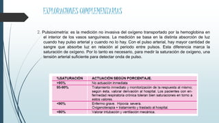 EXPLORACIONES COMPLEMENTARIAS
2. Pulsioximetría: es la medición no invasiva del oxígeno transportado por la hemoglobina en
el interior de los vasos sanguíneos. La medición se basa en la distinta absorción de luz
cuando hay pulso arterial y cuando no lo hay. Con el pulso arterial, hay mayor cantidad de
sangre que absorbe luz en relación al periodo entre pulsos. Esta diferencia marca la
saturación de oxígeno. Por lo tanto es necesario, para medir la saturación de oxígeno, una
tensión arterial suficiente para detectar onda de pulso.
 