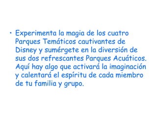 Experimenta la magia de los cuatro Parques Temáticos cautivantes de Disney y sumérgete en la diversión de sus dos refrescantes Parques Acuáticos. Aquí hay algo que activará la imaginación y calentará el espíritu de cada miembro de tu familia y grupo.