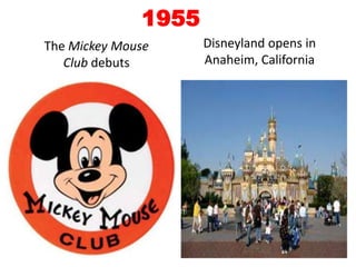 1955  Disneyland opens in Anaheim, CaliforniaThe Mickey Mouse Club debuts