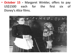 October 15 - Margaret Winkler, offers to pay US$1500 each for the first six of Disney's Alice films.