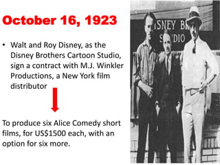 October 16, 1923Walt and Roy Disney, as the Disney Brothers Cartoon Studio, sign a contract with M.J. Winkler Productions, a New York film distributorTo produce six Alice Comedy short films, for US$1500 each, with an option for six more.
