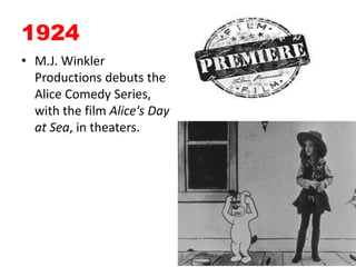 1924M.J. Winkler Productions debuts the Alice Comedy Series, with the film Alice's Day at Sea, in theaters. 