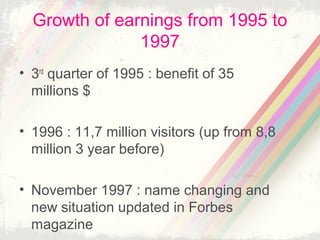 Growth of earnings from 1995 to
1997
• 3rd quarter of 1995 : benefit of 35
millions $
• 1996 : 11,7 million visitors (up from 8,8
million 3 year before)
• November 1997 : name changing and
new situation updated in Forbes
magazine

 