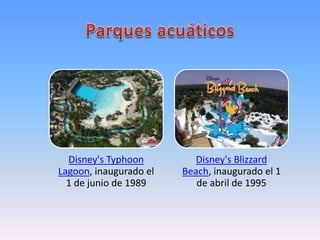 Disney's Typhoon
Lagoon, inaugurado el
1 de junio de 1989
Disney's Blizzard
Beach, inaugurado el 1
de abril de 1995
 
