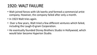 1920: WALT FAILURE
• Walt joined forces with Ub Iwerks and formed a commercial artist
company. However, the company failed after only a month.
• In 1923 Walt tries again.
• Over a few years, Walt tried a few different ventures which failed,
including the Laugh-O-gram Corporation.
• He eventually founded Disney Brothers Studio in Hollywood, which
would later become Hyperion Studio.
 