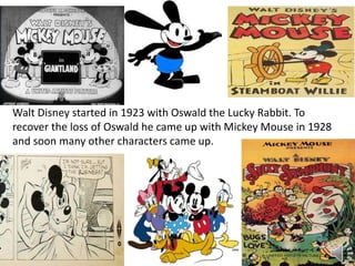 Walt Disney started in 1923 with Oswald the Lucky Rabbit. To
recover the loss of Oswald he came up with Mickey Mouse in 1928
and soon many other characters came up.
 