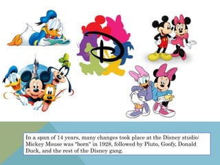 In a span of 14 years, many changes took place at the Disney studio:
Mickey Mouse was "born" in 1928, followed by Pluto, Goofy, Donald
Duck, and the rest of the Disney gang.
 