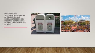 DATO CURIOSO
30 TONELADAS DE BASURA
AL DÍA, DISNEYLAND
RECICLA ALREDEDOR DE 2
MILLONES DE TONELADAS
DE PAPEL CARTÓN Y OTROS
AL AÑO.
 