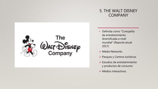 5. THE WALT DISNEY
COMPANY
• Definida como “Compañía
de entretenimiento
diversificada a nivel
mundial” (Reporte anual
2017)
 Media Networks
 Parques y Centros turísticos
 Estudios de entretenimiento
y productos de consumo
 Medios interactivos
 