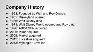 Company History
●
●
●
●
●
●
●
●
●

1923: Founded by Walt and Roy Disney.
1955: Disneyland opened
1966: Walt Disney died
1971: Walt Disney World opened and Roy died
1996: ABC/ESPN acquired
2006: Pixar acquired
2009: Marvel acquired
2012: Lucasfilm acquired
2013: MyMagic+ unveiled

 