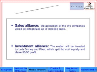 Type of Alliance Sales alliance:   the agreement of the two companies would be categorized as to increase sales.   Investment alliance:   The motion will be invested by both Disney and Pixar, which split the cost equally and share 50/50 profit. Background Motive & Fits Of Partners Alliance Structure   Recommendation Problem &  Latest Situation Key Success  Factors 