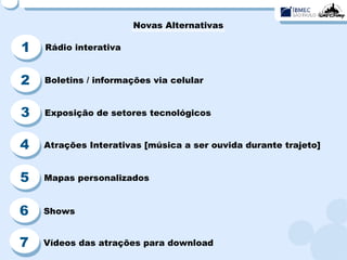 Novas Alternativas 1 Rádio interativa 2 Boletins / informações via celular 3 Exposição de setores tecnológicos 4 Atrações Interativas [música a ser ouvida durante trajeto] 5 Mapas personalizados 6 Shows 7 Vídeos das atrações para download 