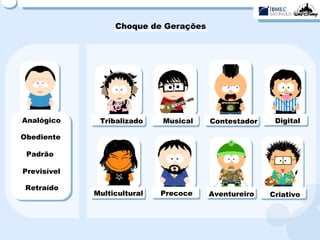 Choque de Gerações Analógico Obediente Padrão Previsível Retraído Tribalizado Musical Contestador Digital Multicultural Precoce Aventureiro Criativo 