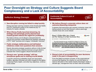 18
Poor Oversight on Strategy and Culture Suggests Board
Complacency and a Lack of Accountability
Conformist Culture & Lack of
Accountability
 We believe Disney’s corporate culture does not
welcome dissenting viewpoints
It appears that executives who express contrarian views risk
being pushed out and that Disney’s culture seemingly
rewards those who avoid debate
 Disney’s lack of accountability for poor decisions
made in the past is disappointing
From the failed succession process, to the organizational
structure flip-flopping, the creative rut, and the failure to
react to disruption in the media industry that began nearly a
decade ago, management has not been held accountable
Ineffective Strategy Oversight
 Saw disruption coming but failed to adapt quickly
Disney has been warning investors of the threats that Netflix
and DTC distribution posed to the traditional pay TV
industry for nearly a decade
 When Disney finally launched streaming, its
strategy was seemingly poorly planned and
chased growth without the regard for profitability
We believe Disney and its Board underestimated the
cultural and business model differences between operating
a DTC “retail” business and a legacy “wholesale” business
 Public strategic deliberations and half-baked
initiatives create more questions than answers
Openly discussing strategic questions without a fully-formed
plan and announcing initiatives that lack enough detail to
evaluate their merits suggest a Board that lacks focus
 Disney’s new “growth strategy” still has
amorphous goals and is missing crucial details
A specific streaming profitability target and associated
timeline, allocation priorities and return targets for the $60bn
of planned Parks CapEx, and other key objectives, continue
to be unclear
Note: See pages53 - 57 and 61 - 62 for supportinganalysis.
Disney’s Wildest Ride: Iger, Chapek
and The Making of an Epic Succession Mess
By: Alex Sherman – Published September 6, 2023
“…The entire episode has also revealed the limitations of ‘Disney nice.’
Avoiding face-to-face conflict, at least at the CEO and board level,
fostered an environment where Iger and Chapek couldn’t hash out
their differences. Executives who openly challenged others — Mayer,
Rice, McCarthy — were ultimately dinged for their frankness…”
 