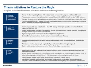26
Trian’s Initiatives to Restore the Magic
Enhance
Corporate
Governance &
Accountability
 Refresh the Board by adding Nelson Peltz and Jay Rasulo as independent, aligned, and focused Directors
 Fix succession process and run a thorough and successful search for a CEO in time for Mr. Iger’s 2026 retirement
 Align pay with performance by tying the compensation program to outcomes that drive long-term shareholder value
 Form a Board-level finance & strategy committee to evaluate progress on recommended initiatives and improve the
Board’s monitoring of Disney’s long-term strategy
Accelerate
Media
Profitability
 Insist management develop and articulate a clear DTC strategy with tangible goals that will achieve Netflix-like
margins of 15-20% by 2027
 Explore opportunities to improve DTC engagement and cost structure, including changes to product and marketing
strategies and reducing redundant overhead costs
 Right-size legacy media business cost structure in light of industry dynamics
 Evaluate Disney’s organizational structure to improve accountability and efficiency
Review of
Creative
Engine
 Initiate a comprehensive Board-led review of studio operations and culture, including leadership, processes and
workflow
 Prioritize new intellectual property to reignite the “flywheel” and drive Disney’s long-term growth
 Explore additional opportunities to enhance the “flywheel” with digital cross-promotion
Clarify
Strategic
Focus
 Issue long-term free cash flow growth target beyond FY 2024 to anchor investors on a clear strategic vision and
enhance accountability
 Explore strategic partnership(s) for non-core linear assets – benefits include an enhanced focus on linear assets, a
preserved strategic alignment with Disney’s DTC business, and an improved growth profile for Disney
 Insist on a digital strategy for ESPN that has a clear path to attractive financial returns
 Refine parks strategy to include tangible return targets on the $60bn of Parks CapEx, plans to address new
competitive threats to Walt Disney World, and a commitment to improving the guest experience at domestic parks
4
3
2
1
Our goal is to work with other members of the Board and focus on the following initiatives:
 