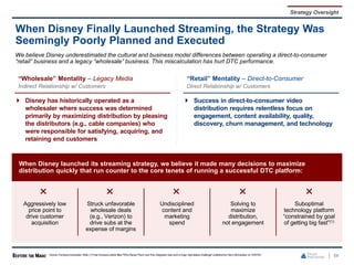 When Disney launched its streaming strategy, we believe it made many decisions to maximize
distribution quickly that run counter to the core tenets of running a successful DTC platform:
Aggressively low
price point to
drive customer
acquisition
Struck unfavorable
wholesale deals
(e.g., Verizon) to
drive subs at the
expense of margins
Undisciplined
content and
marketing
spend
Solving to
maximize
distribution,
not engagement
Suboptimal
technology platform
“constrained by goal
of getting big fast”(1)
When Disney Finally Launched Streaming, the Strategy Was
Seemingly Poorly Planned and Executed
54
We believe Disney underestimated the cultural and business model differences between operating a direct-to-consumer
“retail” business and a legacy “wholesale” business. This miscalculation has hurt DTC performance.
“Retail” Mentality – Direct-to-Consumer
Direct Relationship w/ Customers
 Success in direct-to-consumer video
distribution requires relentless focus on
engagement, content availability, quality,
discovery, churn management, and technology
“Wholesale” Mentality – Legacy Media
Indirect Relationship w/ Customers
 Disney has historically operated as a
wholesaler where success was determined
primarily by maximizing distribution by pleasing
the distributors (e.g., cable companies) who
were responsible for satisfying, acquiring, and
retaining end customers
Source: Company transcripts. Note: (1) Fast Company article titled "Why Disney Plus’s new Hulu integration was such a huge,high-stakes challenge" publishedby Harry McCracken on 12/07/23.
Strategy Oversight
 