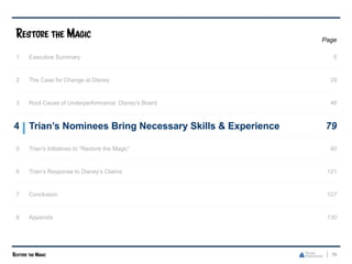 79
Page
1 Executive Summary 5
2 The Case for Change at Disney 28
3 Root Cause of Underperformance: Disney’s Board 48
4 Trian’s Nominees Bring Necessary Skills & Experience 79
5 Trian's Initiatives to “Restore the Magic” 90
6 Trian’s Response to Disney’s Claims 121
7 Conclusion 127
8 Appendix 130
 