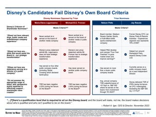 Disney Nominees Opposed by Trian Trian Nominees
Maria Elena Lagomasino Michael B.G. Froman Nelson Peltz Jay Rasulo
Disney’s Criticism of
Shareholder Nominees(1) Meets Criteria?(2) Meets Criteria?
“[Does] not have relevant,
large, public media and
entertainment company
experience”
Never worked at or
served on the board of
another media company
Never worked at or
served on the board of
another media or public
company
Board member, Madison
Square Garden Sports,
a multi-billion-dollar
sports entertainment
company
Former Disney CFO; ran
Disney Parks & Resorts
business – Experiences
segment now represents
70% of EBIT
“[Does] not have any…
skills that would assist the
Board in…our strategic
transformation”
Disney’s proxy statement
admits Ms. Lagomasino
does not have strategic
transformation
experience
Disney’s own proxy
statement admits Mr.
Froman has no strategic
transformation
experience
Helped P&G develop
and oversee “Four-Year
Overhaul” to grow
market share and
improve earnings(4)
Helped turn around
Disneyland Paris,
expand Disney Cruise
Line
“[D]oes not have any
experience serving as a
director of a public
company”
Has served on four other
public company boards
(including Global
Crossing which declared
bankruptcy)
Has never served on
another public company
board
Has served on more
than a dozen public
company boards
Currently serves on a
public company board
as a Lead Independent
Director
“Do not possess the
appropriate range of
talent, skill, perspective
and/or expertise to
effectively support…
shareholder value
creation”
TSR has been negative
(-23%) during her tenure
on the Board(3)
TSR has been negative
(-24%) during his tenure
on the Board(3)
Avg. annual company
TSR outperformance of
+511bps vs. S&P 500
where he served on the
board, from involvement
through YE 2023(5)
Disney delivered TSR of
279% during his tenure
as CFO, meaningfully
exceeding the S&P 500
(by +171%)(6)
83
Disney’s Candidates Fail Disney’s Own Board Criteria
“…[T]here’s a qualification level that is required to sit on the Disney board, and the board will make, not me, the board makes decisions
about who’s qualified and who isn’t qualified to be on the board.”
– Robert A. Iger, CEO & Director, November 2023
Source: SEC filings, FactSet, The New York Times. Note: (1) Per Disney’s Press Release andLetter to Shareholders,02/01/24;represents criticisms of Trian and othershareholdernominated candidates.(2) Basedon Disney
Definitive Proxy Statement,02/01/24.(3) Source: FactSet as of 10/06/23.(4) Bloomberg article titled “Peltz to Depart P&G Board, Capping Nearly Four-Year Overhaul,” by Scott Deveau published08/05/21.(5) Represents the
simple average of annualized Total ShareholderReturn (“TSR”) over- or under-performanceversus the S&P 500 Total Return Index at each company (or each investment, in the case of Legg Mason Inc.) Nelson Peltz had a
board seat on from 5 years prior to Trian’s “involvement” definedas the first day it invested (or from the first trading day, in the case of Janus Henderson, or from 5 years prior including the legacy trading entity) vs. from the first day
Trian invested through12/31/23(or througha company’s sale date related to an acquisition). (6) Mr. Rasulo’s tenure as CFO of Disney ran from 01/01/10to 06/30/15.
 