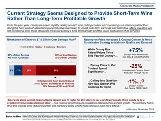 Breakdown of Disney’s $7.5 Billion Cost Savings Plan(2) Relying on Price Increases & Cutting Content is Not a
Sustainable Strategy to Maintain Quality and Demand
8% 12% 20% 60%
Tech & Other Labor Marketing Content
97
Current Strategy Seems Designed to Provide Short-Term Wins
Rather Than Long-Term Profitable Growth
20% of Cost Savings
Are True “Overhead”
80% of Cost Savings
Are Growth Oriented
Entertainment Cash Content Spend
(excl. Sports) Expected to be Reduced
25% Between FY22 and FY24E
Source: Company filings, Wall Street Equity Research. (1) Disney has implemented two price adjustments on the ad-free Disney+ within the past year in December 2022and October2023.The retail price for ad-free Disney+ has
increased 75% over that span. Disney also increased the price of its ad-free Disney bundle 25% in October 2023.(2) Per Disney’s FQ4’23 Earnings Presentation,of the $7.5 billion of announcedcost savings, Entertainment cash
contentspendreductions (excl. Sports) make up $4.5 billion of annualizedcost savings, SG&A and otheroperating expensesmake up $3 billion of annualizedcost savings; SG&A and other operatingcost savings breakdown
basedon Disney’s FQ1’23 Earnings Presentationwhich notedthat of the original $2.5 billion SG&A andother operatingcost savings, ~50% is marketing, ~30% is labor, and~20% is other.
Accelerate Media Profitability
Over the past year, Disney has been rapidly raising prices(1) and cutting content and marketing investments (rather than
doing the hard work of streamlining unproductive overhead) to boost near-term earnings and cash flow. Many investors are
left wondering what those decisions mean for Disney’s long-term growth and the value proposition of its services.
“Cost cuts alone cannot help multiples expand and in order for the stock to see significant upside, there needs to be a
credible revenue reacceleration story… now revenue growth requires a balance between price and unit growth. The company has to
drive this process while reducing content and marketing costs, which makes the task even more diﬀicult.”
– Barclays, November 2023
While Disney Has
Raised Prices Twice
This Year for Disney+…
+75%
Disney+ Price Increases in
Dec 2022 & Oct 2023 (UCAN)
…Disney Plans to Cut
Content Spend
Significantly…
-25%
Entertainment Contend Spend
Reduction Through FY24E
…Calling into Question
How Sub Growth Will
Continue to Trend
-1%...?
Disney+ (Core)
Sub Decline FQ1’24 QoQ
 