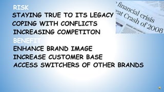 STAYING TRUE TO ITS LEGACY
ENHANCE BRAND IMAGE
INCREASE CUSTOMER BASE
COPING WITH CONFLICTS
INCREASING COMPETITON
ACCESS SWITCHERS OF OTHER BRANDS
BENEFIT
RISK
 