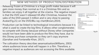 NEW METHODS OF PRODUCTION/DISTRIBUTION
• Releasing frozen at Christmas is a huge profit maker because it will
gain more money than normal as it is a Christmas film and so
families can enjoy it all together at the cinema. The negative impact
is that the DVD wasn’t released till after Christmas, however the
sales of the DVD passed 3 million and is very close to passing
Avatar(Fig.21) on the DVD/Blu-ray chart(Brown,2014).
• Production can be linked to technological innovations because it is
what is used to create the big films. It allows other conglomerates
to compete with Disney because without Disney other companies
would not have been able to produce the films they have, due to
this Disney purchase companies so they can’t copy anymore
(Garrahan and Fontanella-Khan, 2017).
• The cultivation theory describes aesensatisation(Williams, 2003)
where audiences know what will happen in a film. Therefore, a
negative impact as audiences are not accessing the films available.
Fig.19
 