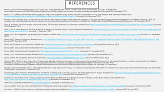 • Barnes,B.(2014) 'Frozen' Will Be a Disney on Ice Show, Too, Riding a Blockbuster's Wave. The New York Times. [Internet],May 20th ,p.B3. Available from:
https://www.nytimes.com/2014/05/20/business/media/frozen-will-be-a-disney-on-ice-show-too-riding-a-blockbusters-wave.html [Accessed 19th November 2017]
• Blott,U. (2017) Beauty and the Beats doll is labelled as ‘creepy’ with shoppers saying it looks more like ‘Justin Bieber in a wig’ than Disney’s Belle. [Internet] Available from:
http://www.dailymail.co.uk/femail/article-4098914/Beauty-Beast-doll-likened-Justin-Bieber.html [Accessed 14th November 2017]
• Bonner, A.(2013) Flipping Your Fins Can Get You Far: How the Walt Disney Company Has Ensured the Longevity of The Little Mermaid Through Franchise Management. Film Matters. [Internet], 4 (3), p.6.
Available from: http://eds.b.ebscohost.com.yorksj.idm.oclc.org/eds/pdfviewer/pdfviewer?vid=4&sid=c176c0d6-e174-4283-9ce6-c7bcbffd2879%40sessionmgr120 [Accessed 12th November 2017]
• Child, B. Star Wars: The Force May be Strong with Disney. The Guardian. [Internet] ,31st November. Available from: https://www.theguardian.com/film/filmblog/2012/oct/31/star-wars-disney-lucasfilm [Accessed
10th November 2017]
• Deen,S. (2017) Emma Watson is the Belle of the ball at Beauty and The Beast London Launch. [Internet] Available from: http://metro.co.uk/2017/02/24/emma-watson-is-the-belle-of-the-ball-at-beauty-and-the-
beast-london-launch-6470325/. [Accessed 4th December 2017]
• Disney.(2017) Buzz Lightyear’s Space Ranger Spin. [Internet] Available from: https://disneyworld.disney.go.com/en_GB/attractions/magic-kingdom/buzz-lightyear-space-ranger-spin/ [Accessed 16th November
2017]
• Disney.(2017) Disney Life [Internet] Available from: https://disneylife.com/uk?cmp=D2_ppc_gog_c584_g584_0_em_m007_txt_kwd&gclid=EAIaIQobChMIqtCC48Tw1wIVFbcbCh0F5w7EEAAYASAAEgIA1PD_BwE
[Accessed 7th December 2017]
• Disney. (2017) Disney on Ice. [Internet] Available from: https://www.disneyonice.com/gb/en-gb/worlds-of-enchantment. [Accessed 28th November 2017]
• Disney.(2017) Disney Store [Internet] Available from: http://www.disneystore.co.uk/ [Accessed 6th December 2017]
• Disney.(1940) Fantasia [Internet] Available from: http://www.imdb.com/title/tt0032455/?ref_=nv_sr_1 [Accessed 16th November 2017]
• Disney. (2017) Innovations [Internet] Available from: https://www.disneyanimation.com/technology/innovations [Accessed 12th November 2017]
• Disney. (2004) The Incredibles. [Internet] Available from: http://www.imdb.com/title/tt0317705/?ref_=nv_sr_1 [Accessed 9th November 2017]
• Foote, L.(2011) “I Want to be a Princess Too": Exploring the Blackout of Disney’s Princesses and Controversies Surrounding The Princess and the Frog and Its effects on African American Girls. Film Matters.
[Internet], 2 (3), pp.13-22. Available from: http://eds.b.ebscohost.com.yorksj.idm.oclc.org/eds/detail/detail?vid=6&sid=c176c0d6-e174-4283-9ce6-
c7bcbffd2879%40sessionmgr120&bdata=JnNpdGU9ZWRzLWxpdmUmc2NvcGU9c2l0ZQ%3d%3d#AN=85435519&db=f3h [Accessed 13th November]
• Garrahan, M. and Fontanella- Khan, J. (2017) Disney Held Talks to Buy Most of 21st Century Fox. Financial Times. [Internet], November 6th. Available from: https://www.ft.com/content/03f7c04a-c32a-11e7-b2bb-
322b2cb39656 [Accessed 12th November 2017]
• Gartenburg,C (2017) Following Wonder Woman, not Marvel, is the key to DC’s cinematic survival. The Verge. [Internet] 25th August. Available from https://www.theverge.com/2017/8/25/16203024/warner-bros-
dc-comics-extended-universe-marvel-joker-wonder-woman-standalone-films [Accessed 12th November 2017]
• Goldberg, H. (2017) Skylar loves twirling and dancing with her Beast and Belle dolls during the dance scene in Beauty and the Beast. [twitter post] Available from:
https://twitter.com/DCHeath79/status/880964946296803328 [Accessed 12th November 2017]
• IMDb. (2017) [Internet] Available from: http://www.imdb.com/. [Accessed 3rd November 2017]
• Levine,A. (2017) These Are Disney World’s 10 Most Thrilling Rides. [Internet] Available from: https://www.tripsavvy.com/top-walt-disney-world-thrill-rides-3225826 [Accessed 14th November 2017]
• Lev-Ram, M. (2004) 14 Iconic Milestones of Disney Innovation. [Internet] Available from: http://fortune.com/2014/12/29/disney-innovation-timeline/. [Accessed 28th October 2017]
REFERENCES
 