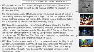 TECHNOLOGICAL INNOVATIONS
• 1929 introduced the first cartoon with synchronized sound (Steamboat
Willie) causing a break through due to massive profits(The Museum of
Modern Art, 2004).
• The first animation(Snow White and the Seven Dwarfs), gained $7 million in
the opening weekend and tripled the budget. The film had aspects of The
Grimm Brothers’ version, but changed the striking feature that Snow White
was surrounded by animals and nature(Whitley, 2012).
• 1977 Lucasfilm created Star Wars: Episode IV-A New Hope, the first film
using a motion-control camera. The opening weekend of the film gained $36
million proving that is was a popular film. Since 2012, Disney profited from
the creation of many Star Wars films by using various technological
techniques e.g. CGI. The Star Wars franchise is huge and very profitable due
to the technology and the merchandise(Child, 2012).
• 1995 Pixar Studios announced the first computer-animated film(Toy Story).
Toy Story 2 was released in 1999 and 2001 they announced Monsters’ Inc.
which was also a great success and gained $64 million from the opening
weekend. Disney bought Pixar because they produced very successful
Fig 2.
Fig
3.
Fig
4.
Fig 5.
 