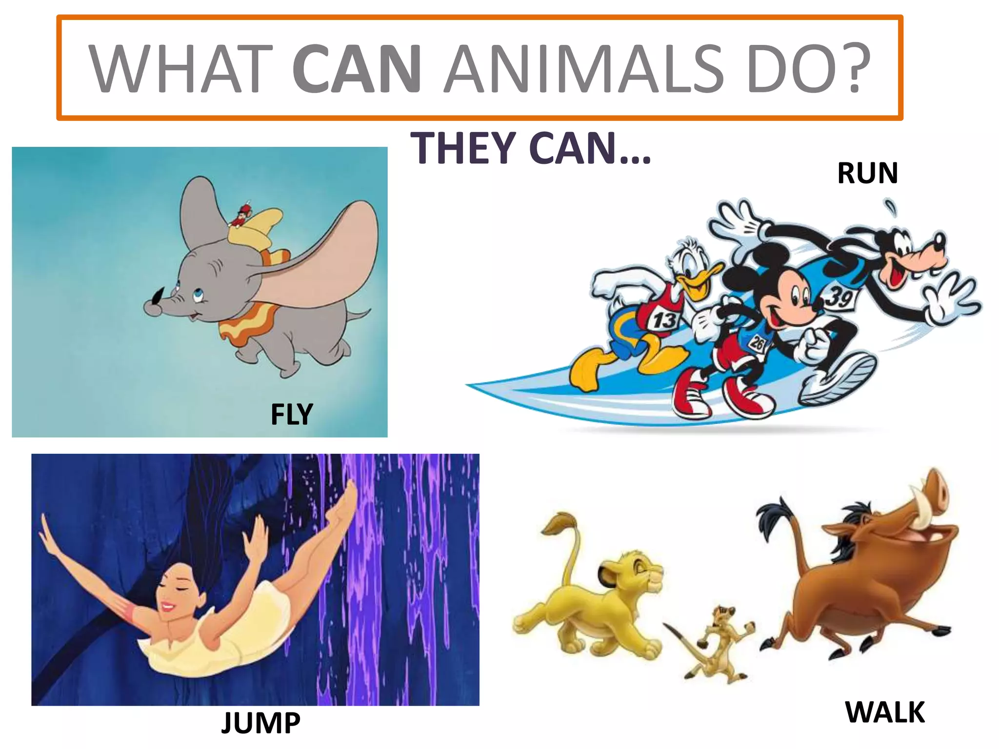 WHAT CAN ANIMALS DO?
THEY CAN… RUN
JUMP WALK
FLY