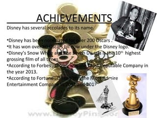 ACHIEVEMENTS
Disney has several accolades to its name.
•Disney has been nominated for over 200 Oscars .
•It has won over 60 Oscars till now under the Disney logo.
•Disney’s Snow White and The Seven Dwarfs is the 10th
highest
grossing film of all times.
•According to Forbes , Disney was the Most Reputable Company in
the year 2013.
•According to Fortune , Disney was the Most Admired
Entertainment Company in 2011 and 2012.
 